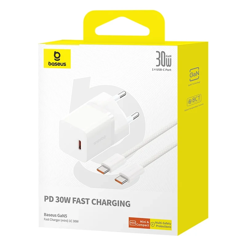 Мережевий зарядний пристрій Baseus GaN5 Fast Charger(mini) 1C 30W EU з кабелем Type-C, Moon White