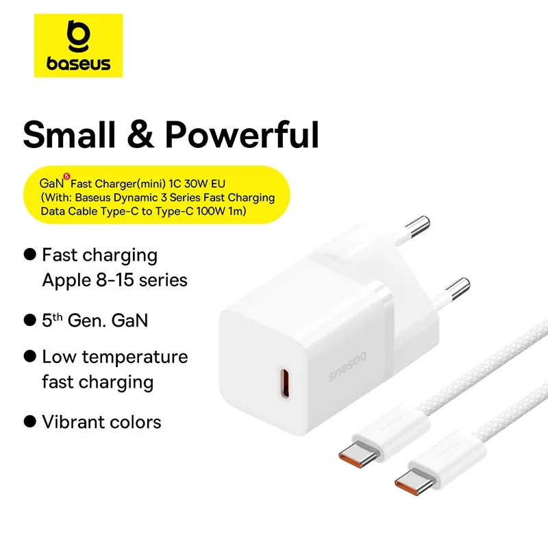 Мережевий зарядний пристрій Baseus GaN5 Fast Charger(mini) 1C 30W EU з кабелем Type-C, Moon White