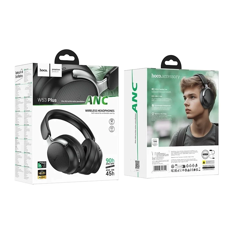 Бездротові накладні навушники HOCO W53 Plus Tone ANC з активним шумозаглушенням, Black
