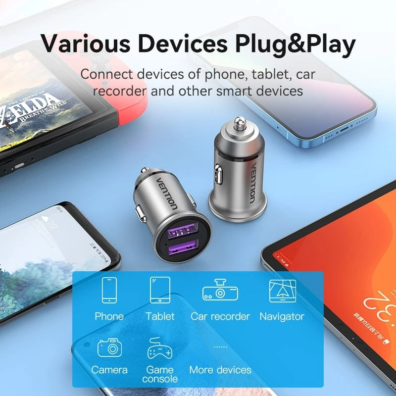 Автомобильное зарядное устройство Vention Two-Port USB 60W QC 3.0 Gray FFEH0