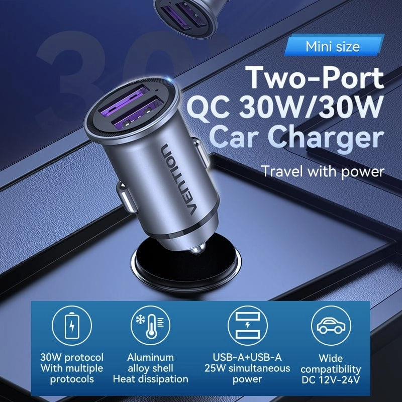 Автомобильное зарядное устройство Vention Two-Port USB 60W QC 3.0 Gray FFEH0