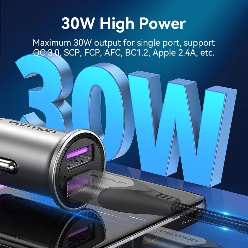 Автомобильное зарядное устройство Vention Two-Port USB 60W QC 3.0 Gray FFEH0