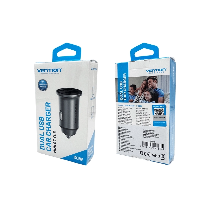 Автомобильное зарядное устройство Vention Two-Port USB 60W QC 3.0 Gray FFEH0