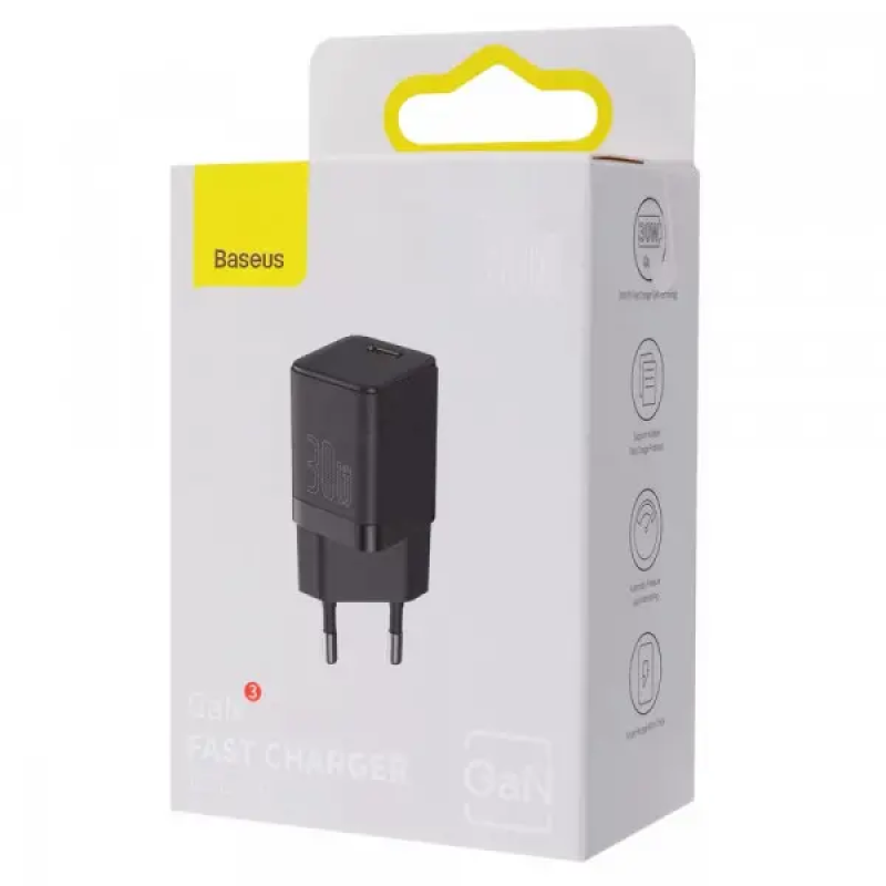 Сетевое зарядное устройство BASEUS GAN3 Fast Charger 1C 30W EU Type-C Black (CCGN010101)