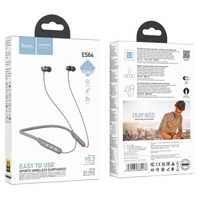 Наушники спортивные HOCO ES64 Sound Sports BT Earphones, Bluetooth 5.3, 30 часов работы, 200mAh Grey (6931474784476)