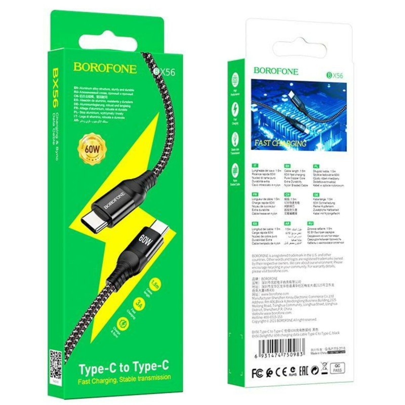 Cable Borofone BX56 Type-C to Type-C 60W 3A, Power Delivery, QuickCharge 4.0, 1.5m Black (BX56CCB)