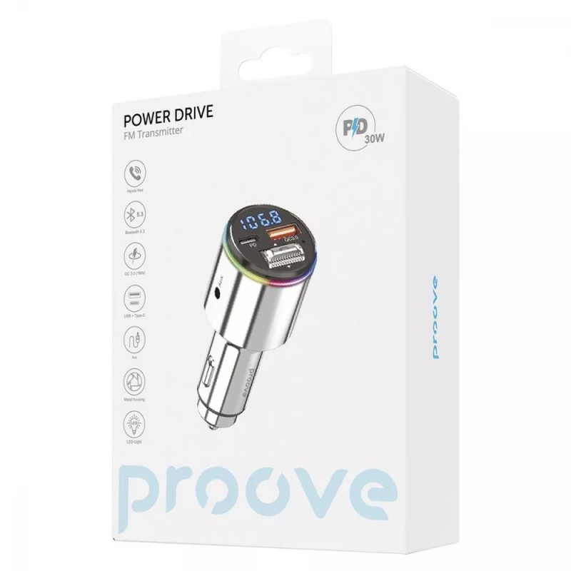 АЗП з FM-модулятором Proove FM Launcher Power Drive 30W (PD+QC3.0) Type-C+USB+AUX Silver