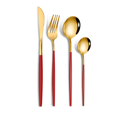 Набір столових приборів Polished Cutlery Set 24 предмети Золоті з червоною ручкою