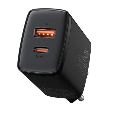 Мережевий зарядний пристрій BASEUS Compact Fast Charger 20W 3A EU USB + Type-C Power Delivery + QC3.0 Black  (CCXJ-B01)