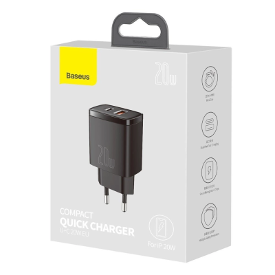 Сетевое зарядное устройство BASEUS Compact Fast Charger 20W 3A EU USB + Type-C Power Delivery + QC3.0 Black (CCXJ-B01)