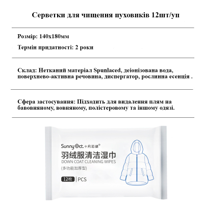 Серветки для чищення і видалення плям з верхнього одягу і пуховиків SunnyOct 12шт/уп