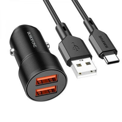 АЗП Borofone BZ19B Wisdom 36W (18W+18W) Dual Port QC3.0 USB-A Car Charger Set  + кабель Type-C 1м Black