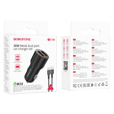 АЗП Borofone BZ19B Wisdom 36W (18W+18W) Dual Port QC3.0 USB-A Car Charger Set + кабель Type-C 1м Black