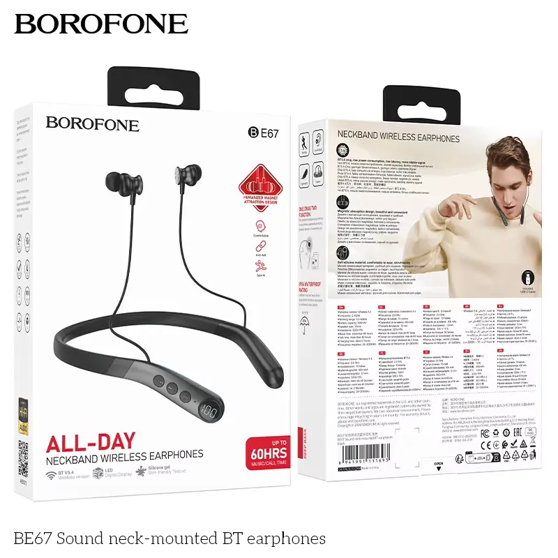 Наушники спортивные Borofone BE67 Sound Neck-mounted BT earphone, Bluetooth 5.4, 60 часов работы, 400mAh Black