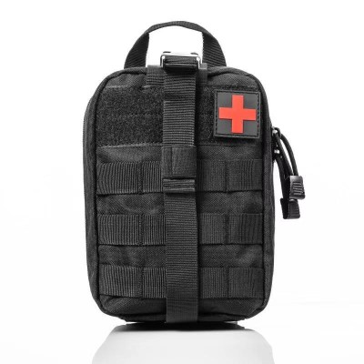 The tactical summary for the first aid kit for medicines is explained with the MOLLE system Black