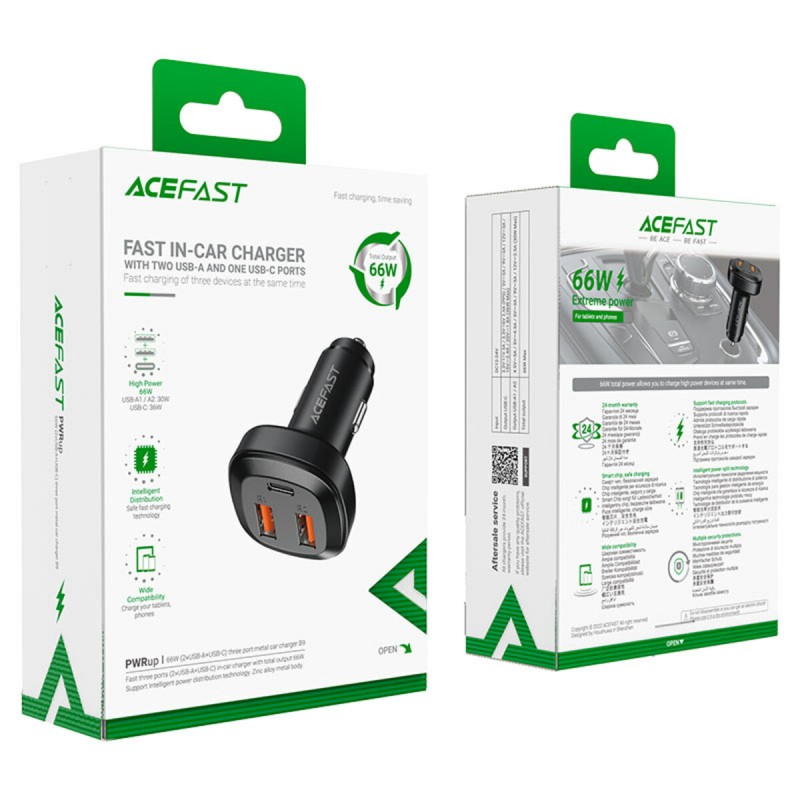 АЗУ ACEFAST B9 66W (2USB-A+USB-C) три port metal car charger (AFB9)