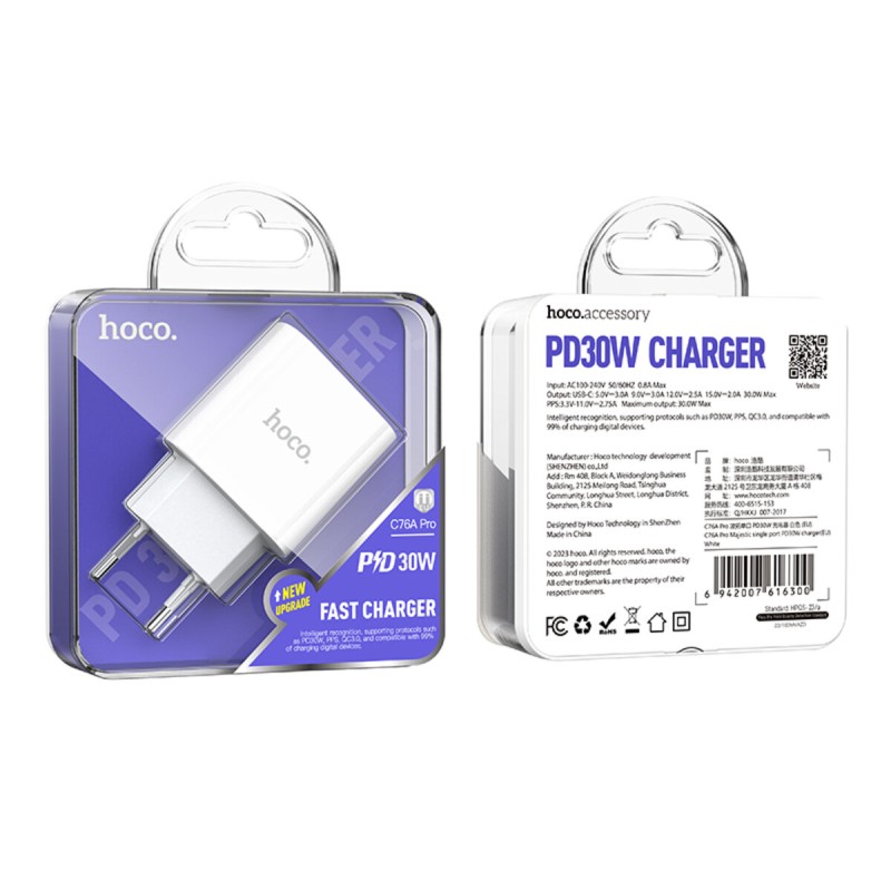 Мережевий зарядний пристрій HOCO C76A Pro Majestic Charger PD 30 Вт 1xType-C White