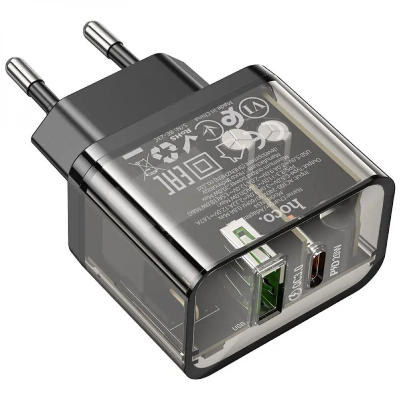 Мережевий зарядний пристрій HOCO N34 Dazzling dual-port PD 20W+QC3.0 Type-C+USB Black