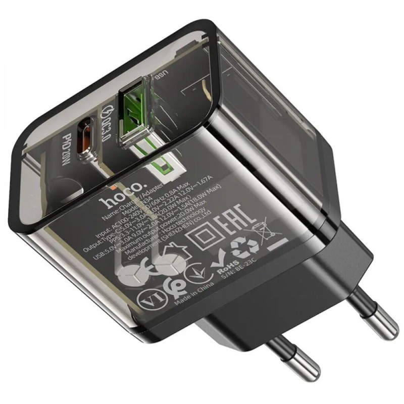 Мережевий зарядний пристрій HOCO N34 Dazzling dual-port PD 20W+QC3.0 Type-C+USB Black