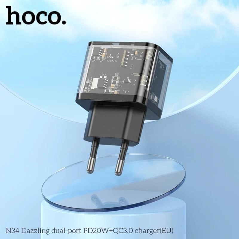 Мережевий зарядний пристрій HOCO N34 Dazzling dual-port PD 20W+QC3.0 Type-C+USB Black