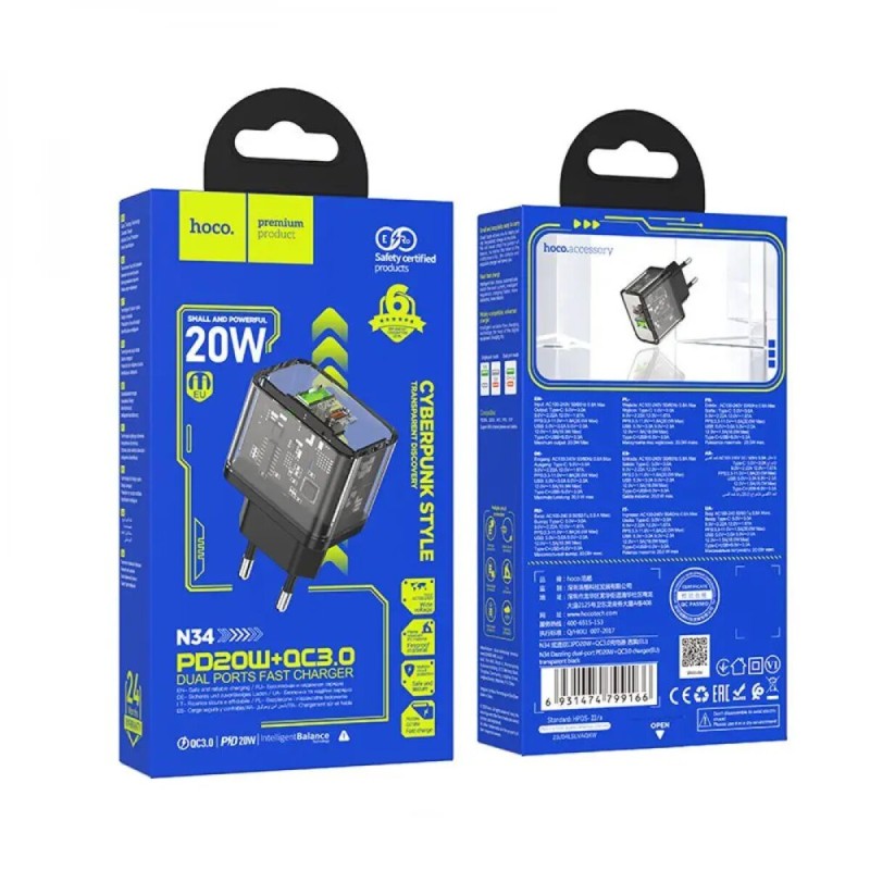 Мережевий зарядний пристрій HOCO N34 Dazzling dual-port PD 20W+QC3.0 Type-C+USB Black