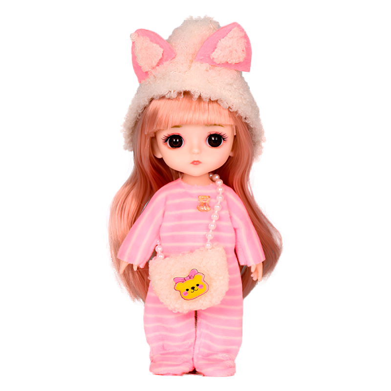 Doll Pink Bunny in pajamas with a fluffy hat 15 cm