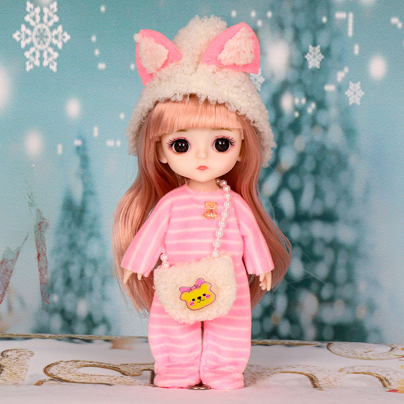 Doll Pink Bunny in pajamas with a fluffy hat 15 cm