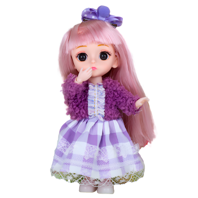 Doll in a fashionable lavender look with a fluffy jacket 15 cm