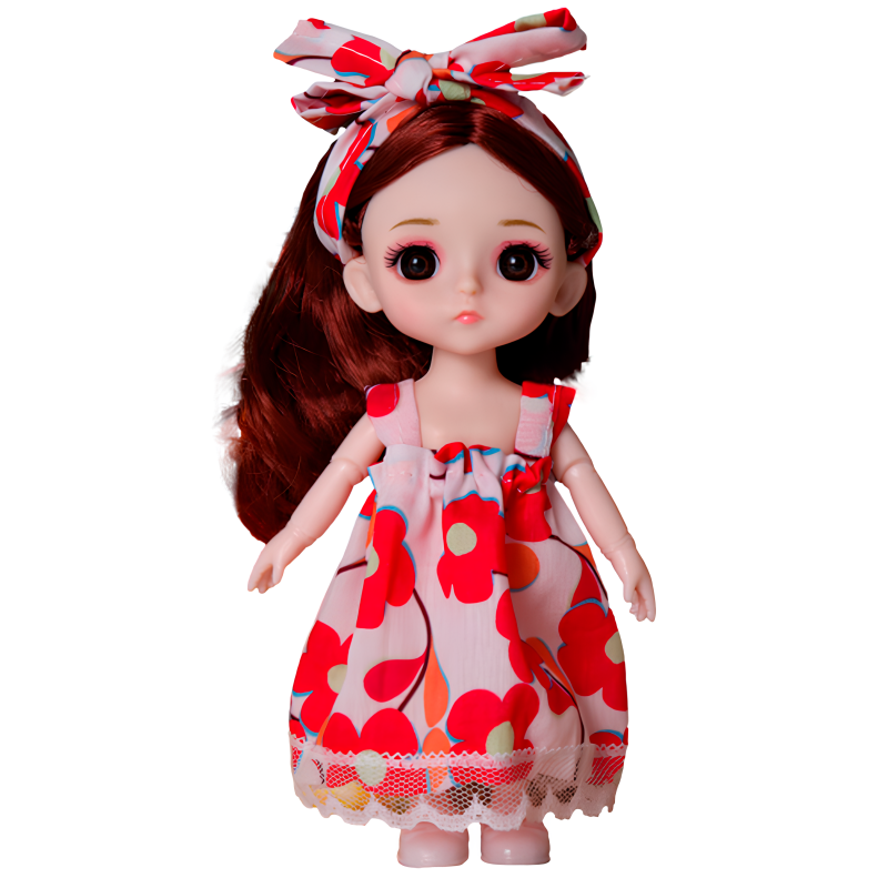 Doll in a summer look with a floral dress and a headband 15 cm