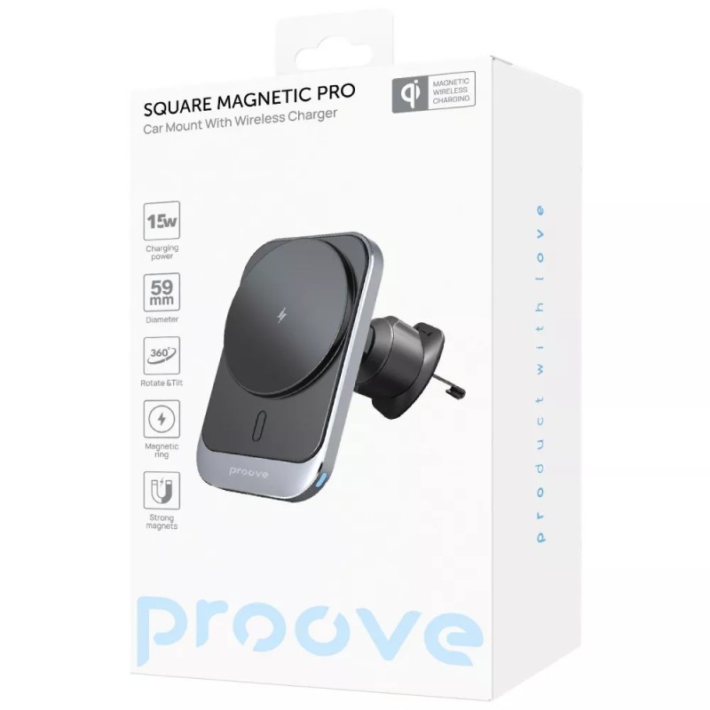 Автомобільний тримач з Бездротовим ЗП Proove Square Magnetic Pro 15W black