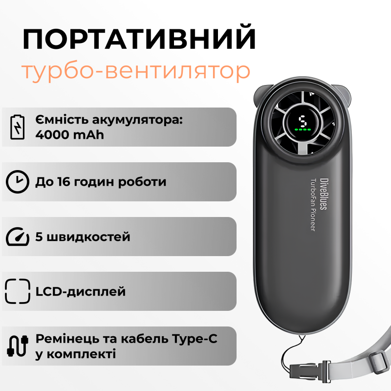 Мощный мини-вентилятор с аккумулятором и дисплеем Diveblues TurboBear Черный (D5041-BK)