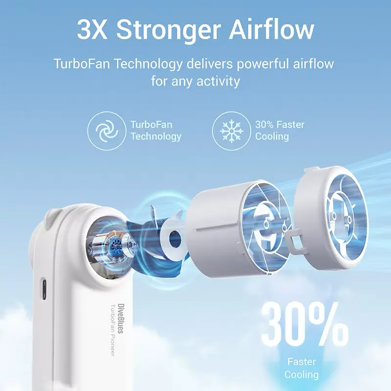 Powerful mini fan with battery and display Diveblues TurboBear White (D5041-WH)