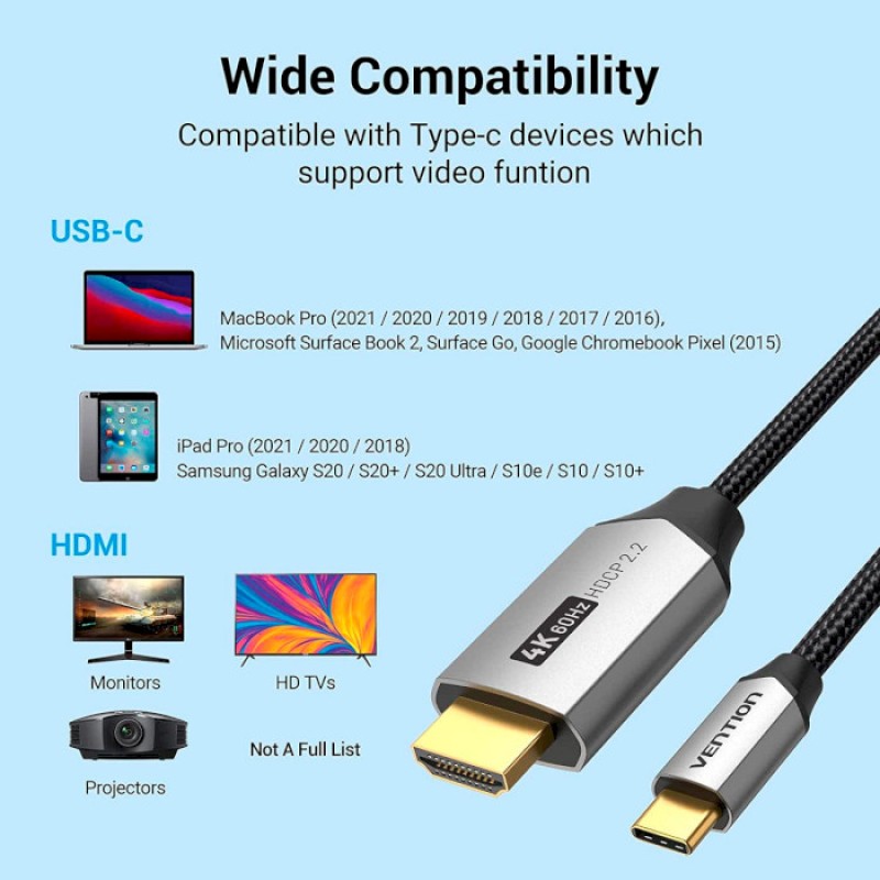 Vention USB-C to HDMI cable 1.5 m, 4K@60Hz, HDCP 2.2 (CRBBG)