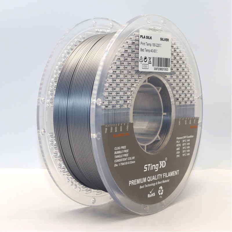 PLA Filament (пластик) для 3D принтера STing3D Silk 1кг, 1.75мм, Серебряный