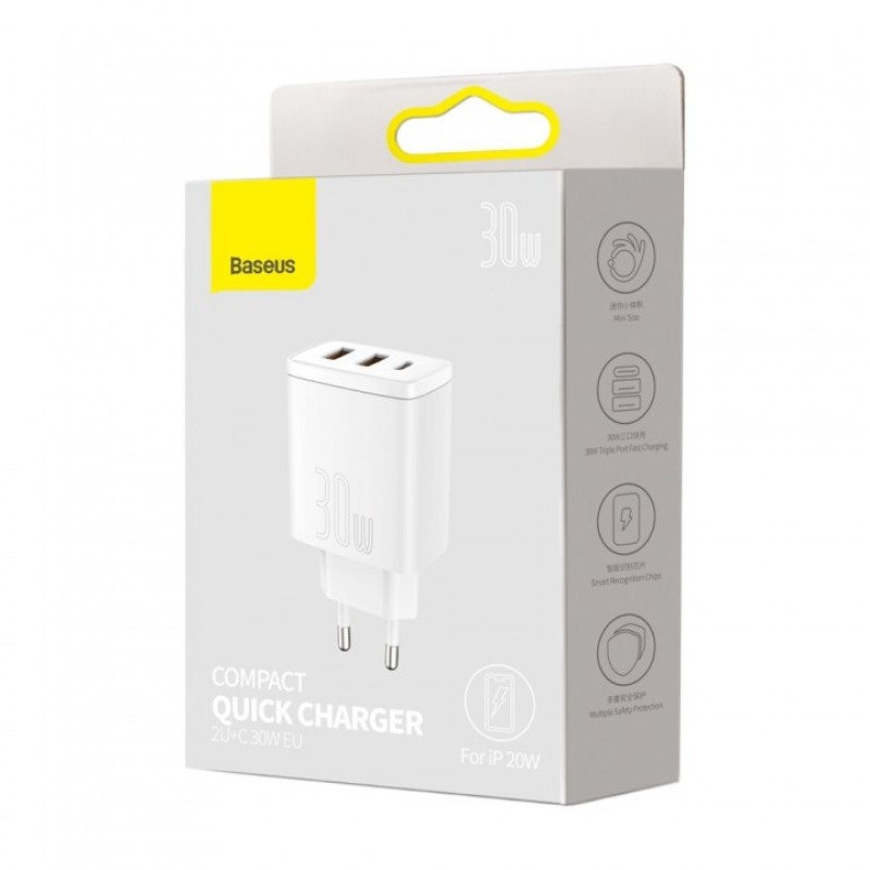 Baseus Compact Quick Charger 2xUSB-A+Type-C 30W EU White