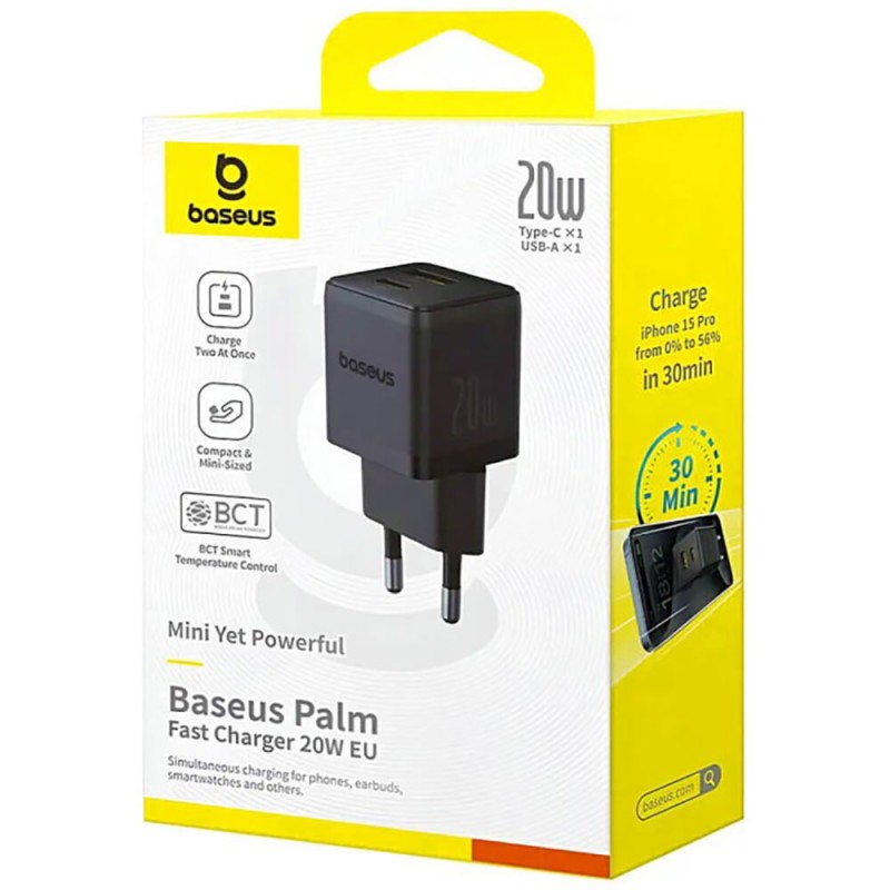 Сетевое зарядное устройство для Baseus Palm Fast Charger USB-C + USB-A 20W EU Cluster Black