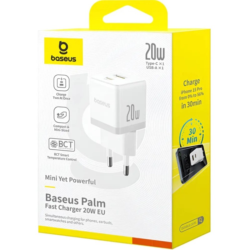 Сетевое зарядное устройство для Baseus Palm Fast Charger USB-C + USB-A 20W EU Moon White