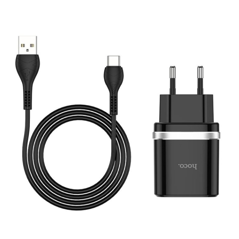 Сетевое зарядное устройство HOCO C12Q Smart Set + кабель Type-C 18W Black