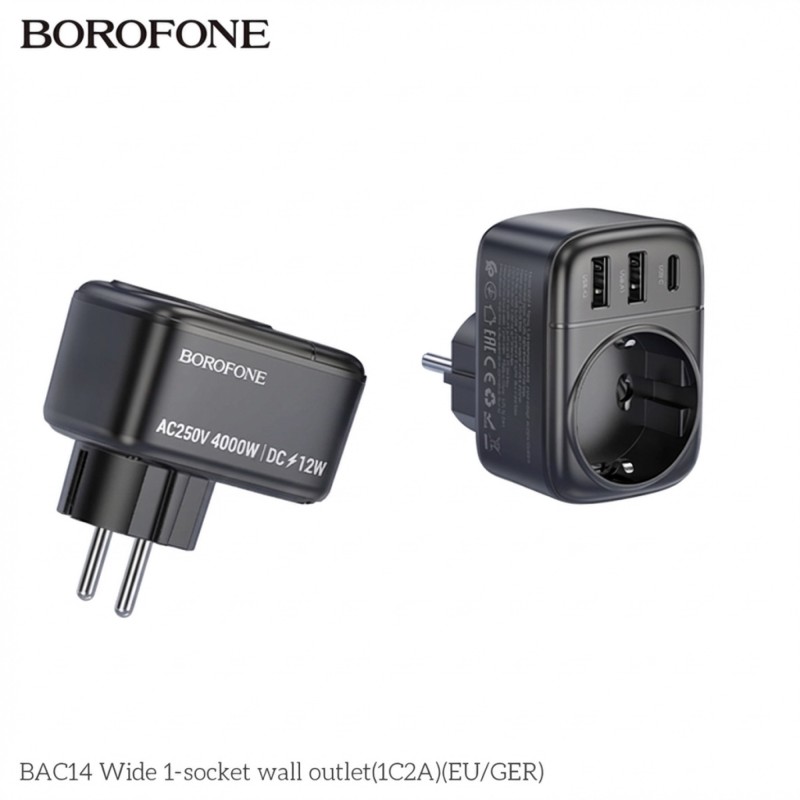 Мережевий фільтр BOROFONE BAC14 Wide настінний 1 розетка + 3 USB (1C2A) чорний