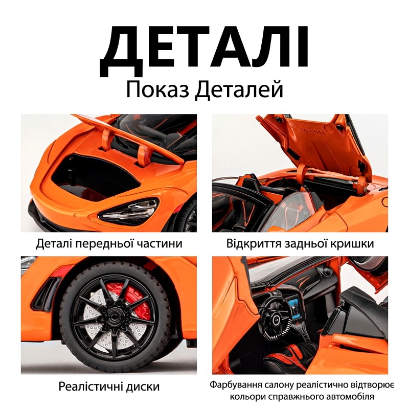 Колекційна модель автомобіля McLaren 720S 1:24 з підсвіткою та функціональними деталями на п'єдесталі