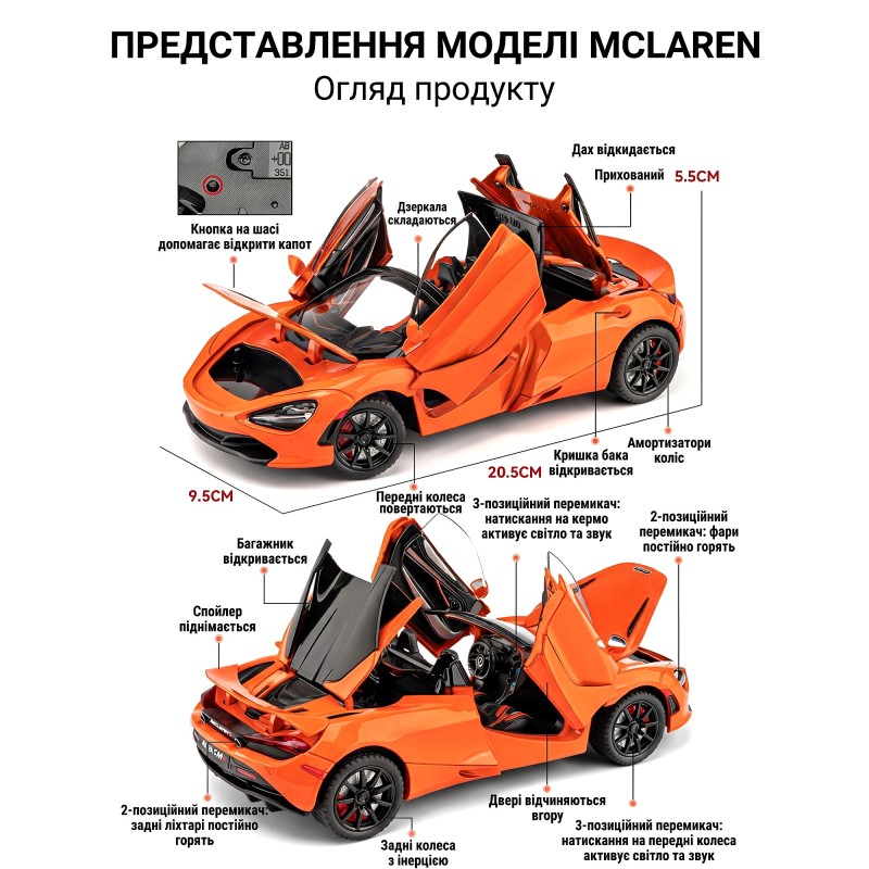 Колекційна модель автомобіля McLaren 720S 1:24 з підсвіткою та функціональними деталями на п'єдесталі