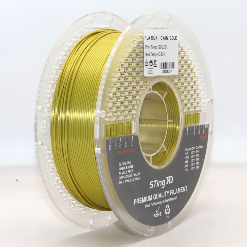 PLA Filament (пластик) для 3D принтера STing3D Silk 1кг, 1.75мм, Бирюзово-золотой