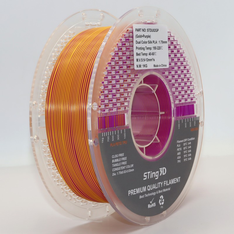 PLA Filament (пластик) для 3D принтера STing3D Silk Dual Color 1.75 мм 1 кг Двоколірний Золотий + Фіолетовий