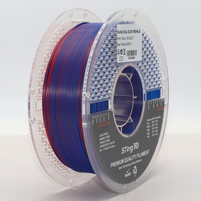 PLA Filament (пластик) для 3D принтера STing3D Silk Dual Color 1.75 мм 1 кг Двоколірний Червоний + Синій