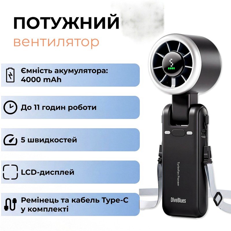 Вентилятор ручний з акумулятором та дисплеєм Diveblues Turbo Fan Темно-сірий (N607D-GY)