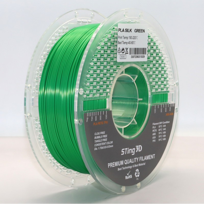 PLA Filament (пластик) для 3D принтера STing3D Silk 1кг, 1.75мм, Зелёный