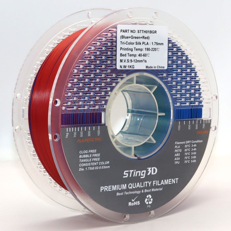 PLA Filament (пластик) для 3D принтера STing3D Silk Tri Color 1.75 мм 1 кг Триколірний Синій + Зелений + Червоний