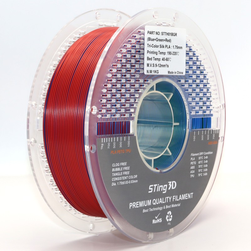 PLA Filament (пластик) для 3D принтера STing3D Silk Tri Color 1.75 мм 1 кг Триколірний Синій + Зелений + Червоний