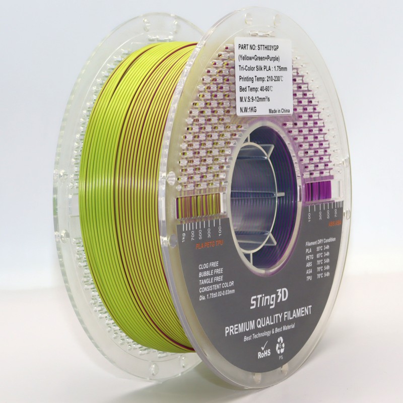 PLA Filament (пластик) для 3D принтера STing3D Silk Tri Color 1.75 мм 1 кг Триколірний Жовтий + Зелений + Фіолетовий