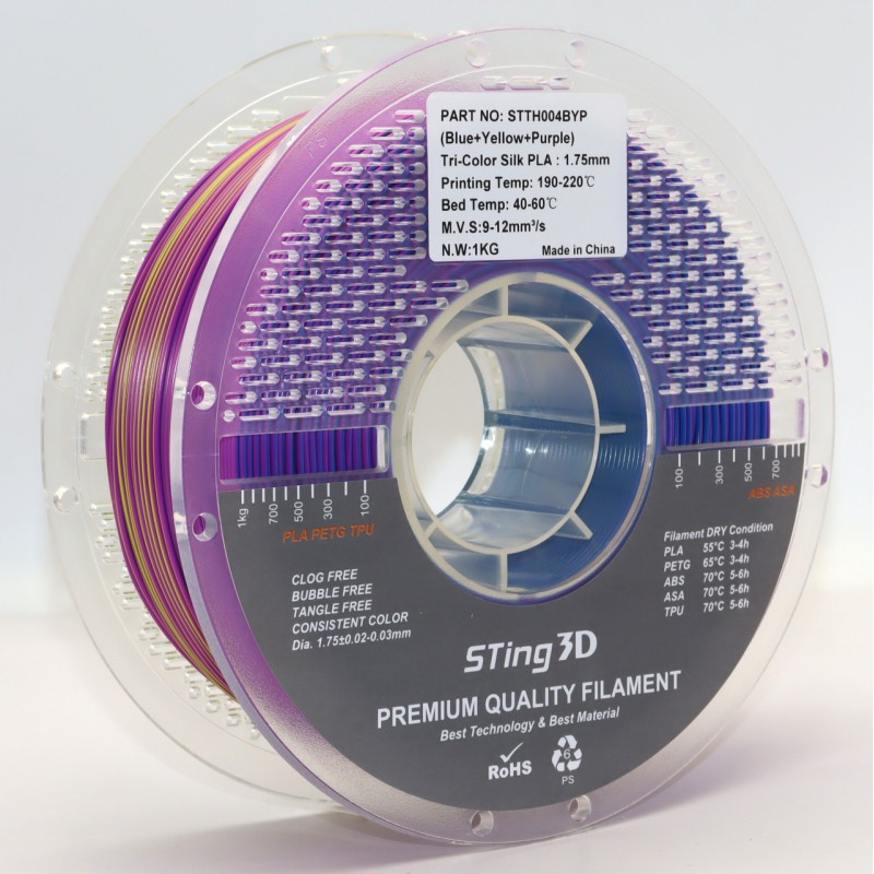 PLA Filament (пластик) для 3D принтера STing3D Silk Tri Color 1.75 мм 1 кг Триколірний Синій + Жовтий + Фіолетовий